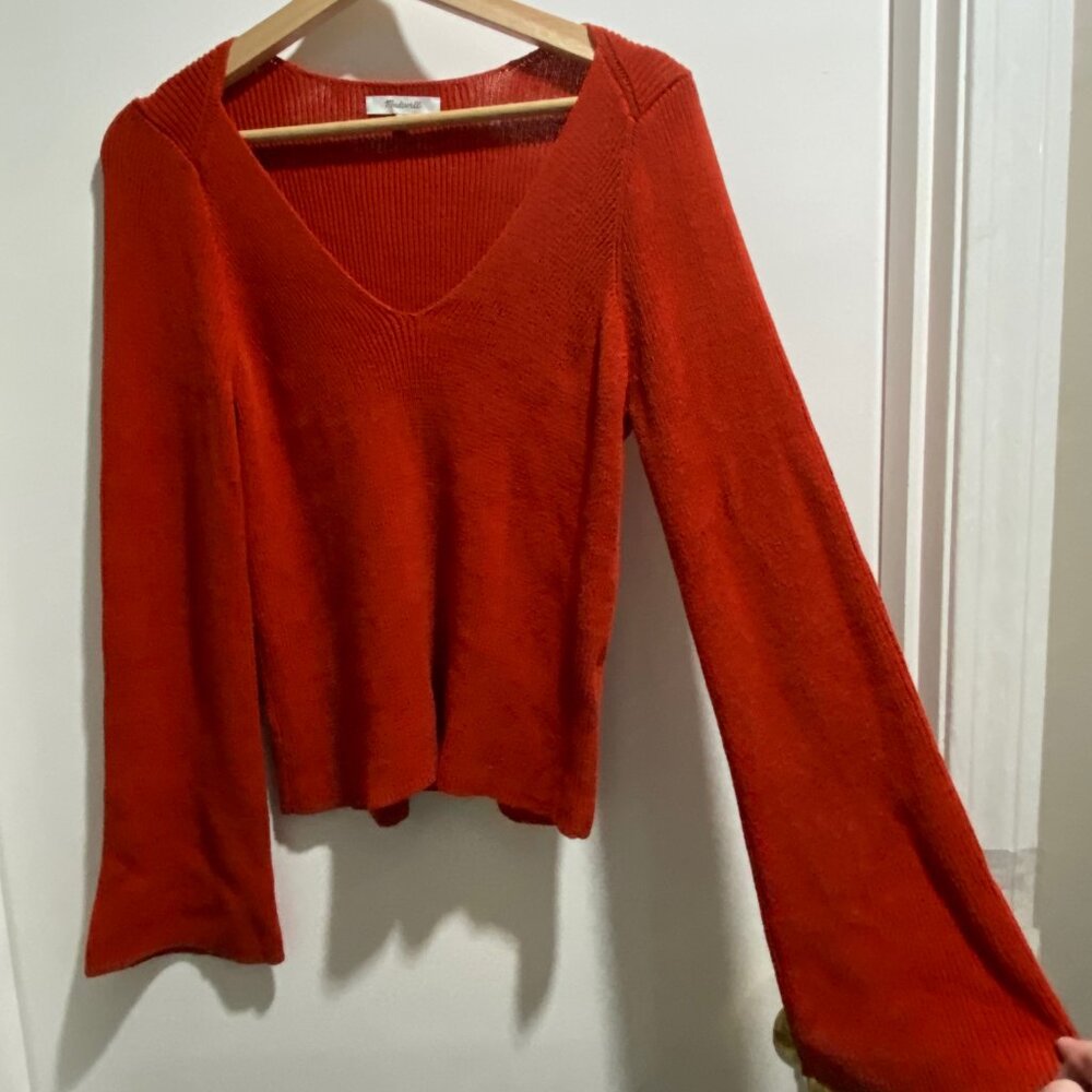 Madewell Sustainable Bell Sleeve Preppy Y2K Semi Crop V- Neck Cotton Sweater M